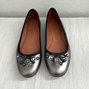 Coach gray metallic flats with flower detail